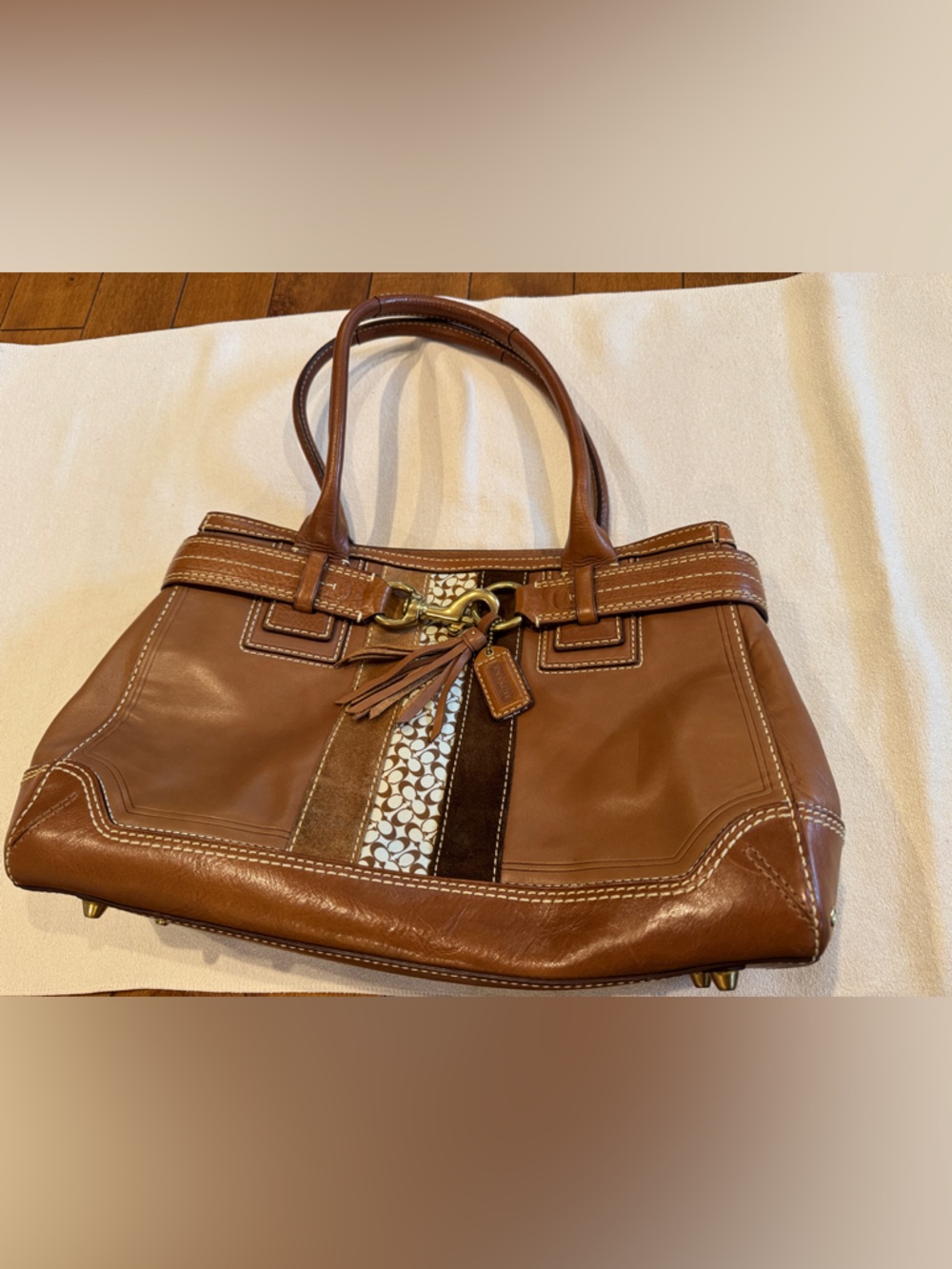 Coach Brown Leather Shoulder Bag with Signature Canvas Stripe